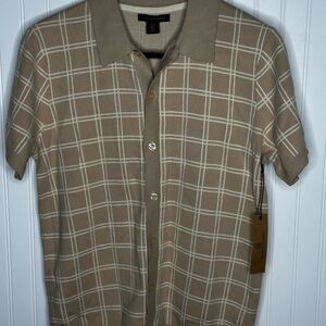 Tan Casual Button Down Shirt with Plaid Pattern